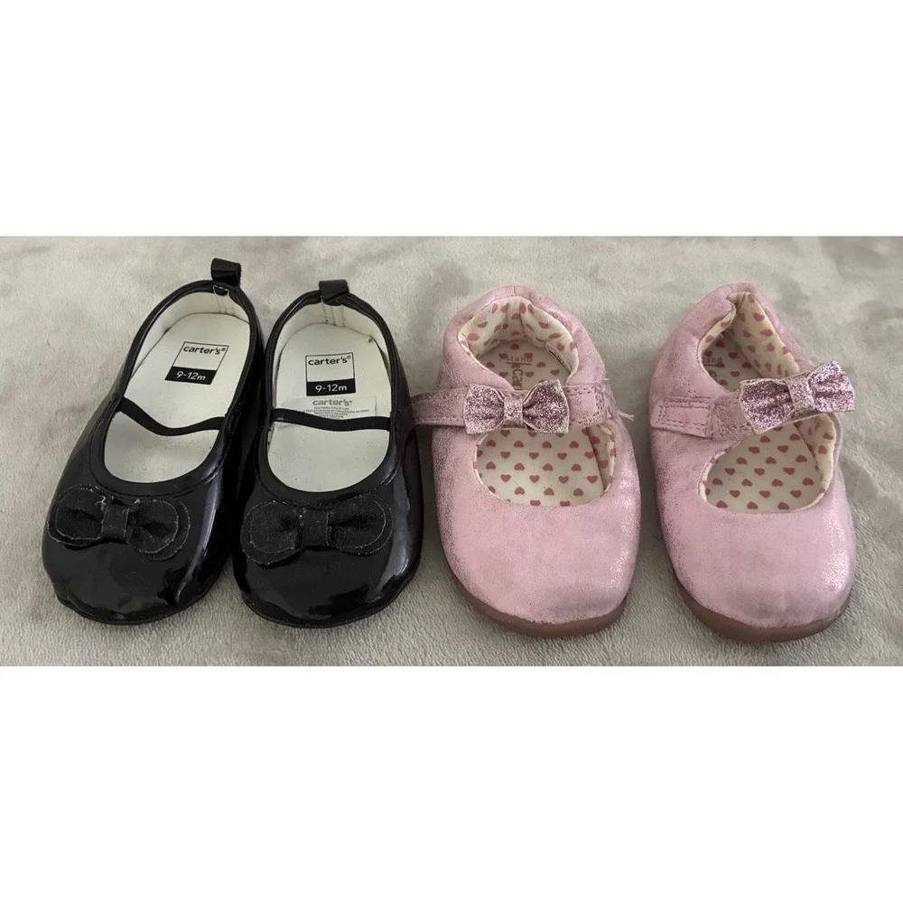 Carter's Shoes Baby Girl Size 9-12 Months Bow Black Patent Pink Glitter